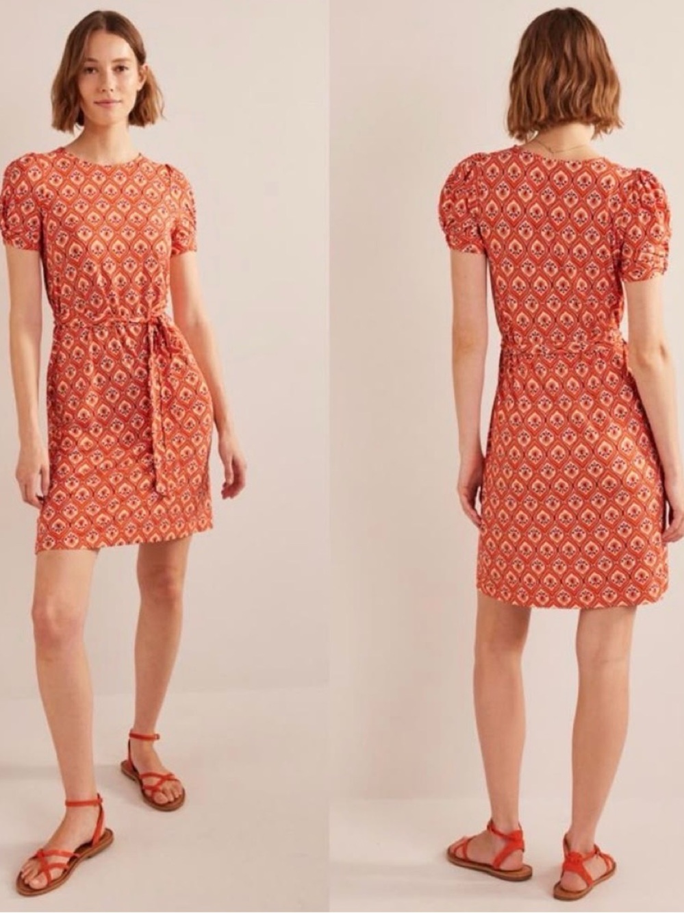 Boden Orange Printed Tie-Waist Puff Sleeve Mini Dress Sz 10R